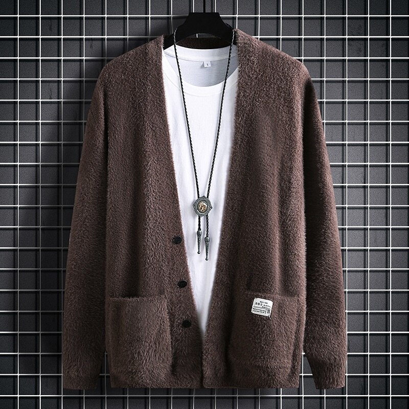 Men&s Autumn and Winter Solid Color New Cardigan Sweater V-neck Casual Loose Single-breasted Long-sleeved Coat Two Pockets
